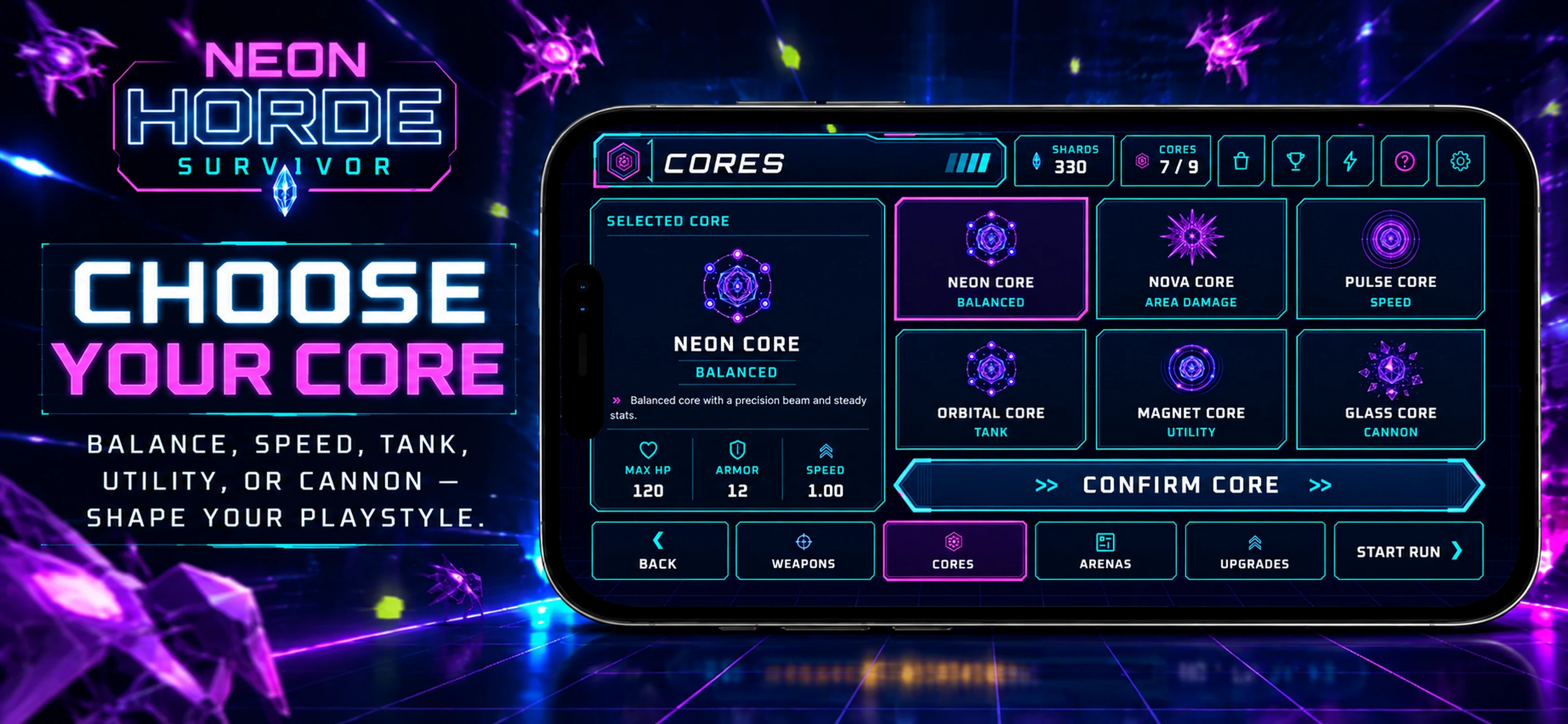 Neon Horde Survivor core selection screen with multiple playable cores