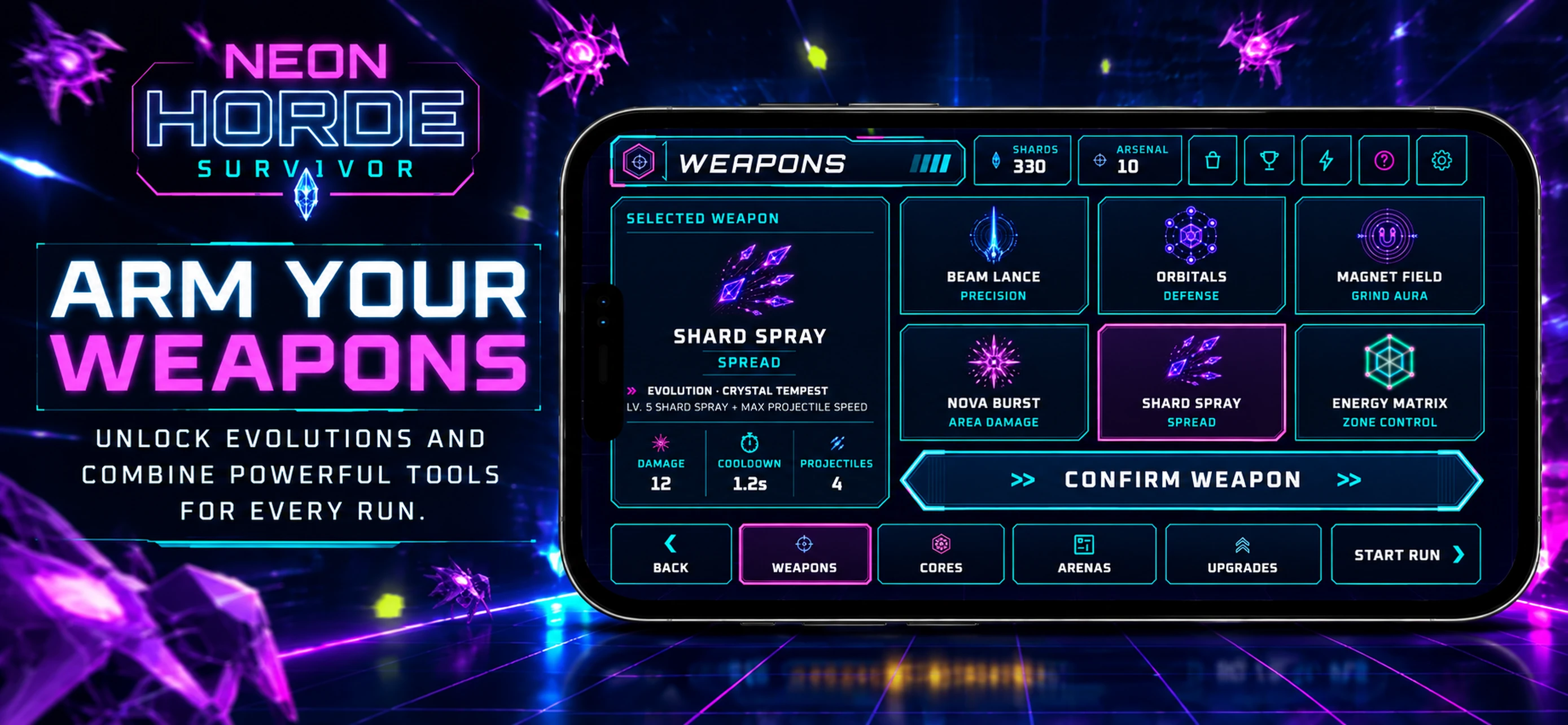 Neon Horde Survivor weapon arsenal screen