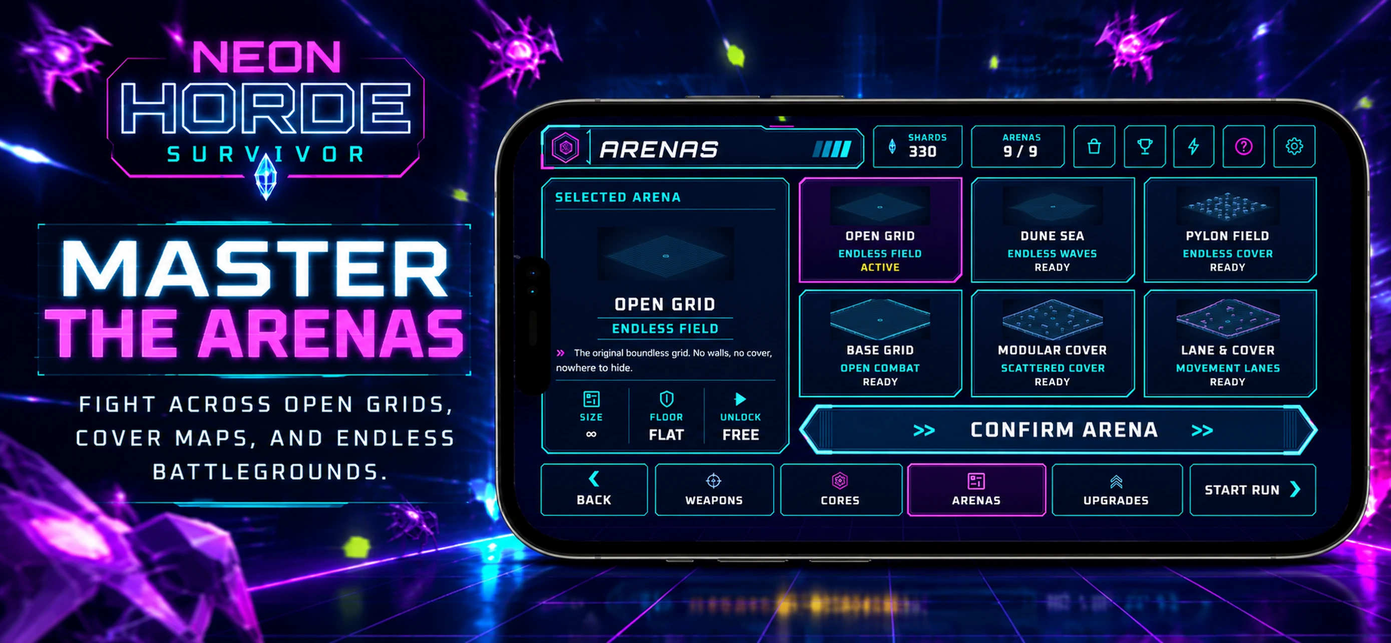 Neon Horde Survivor arena selection screen