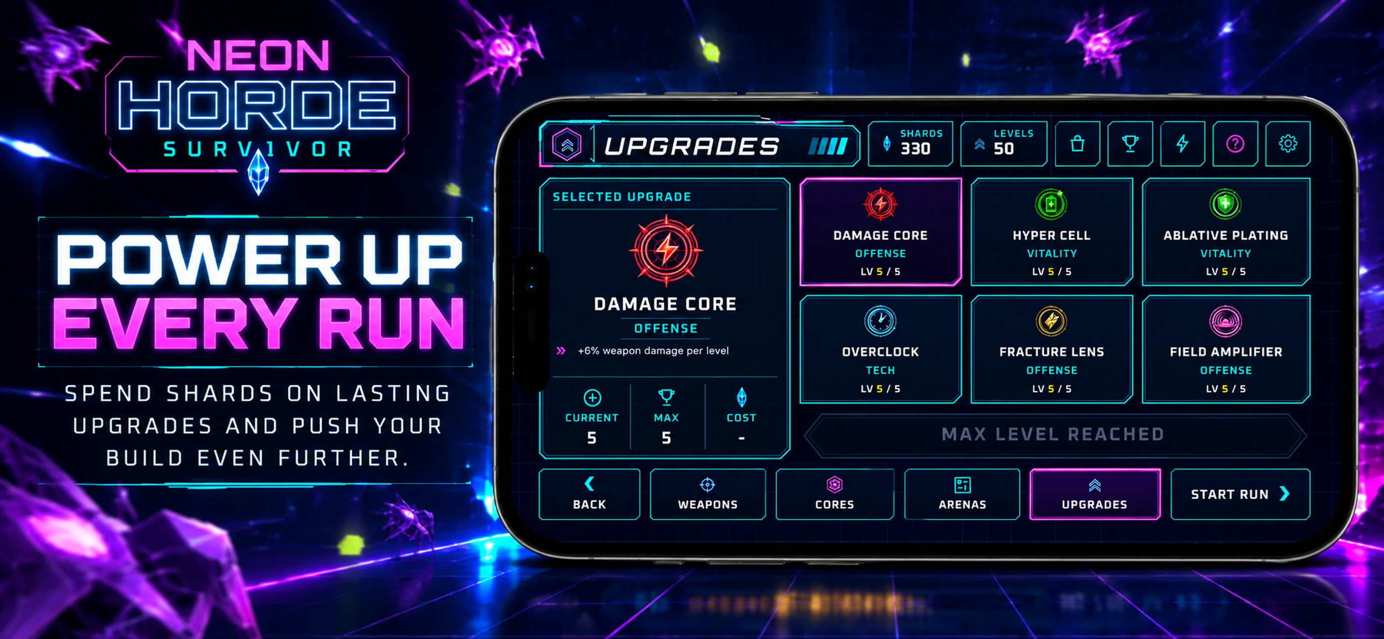 Neon Horde Survivor upgrade screen with power-up choices