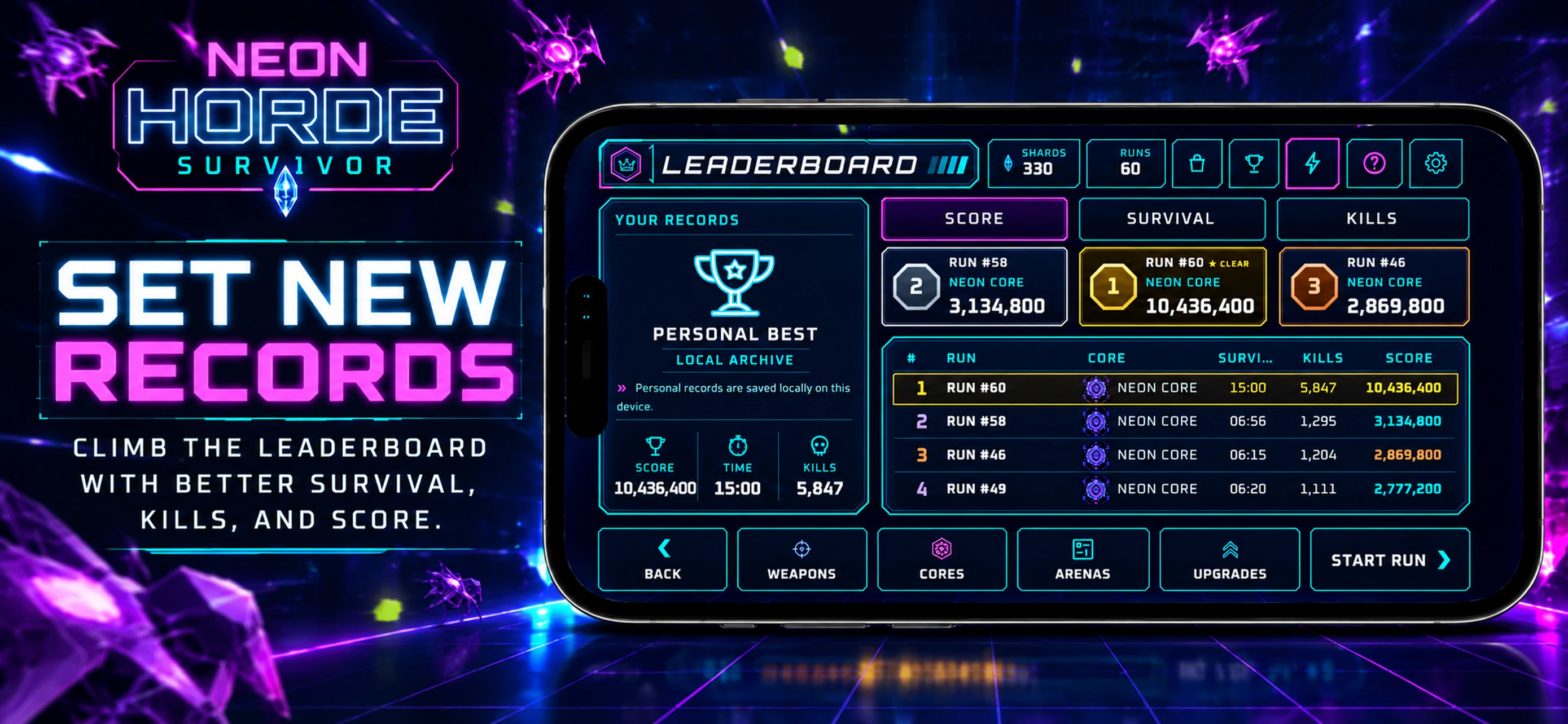 Neon Horde Survivor records screen with personal bests