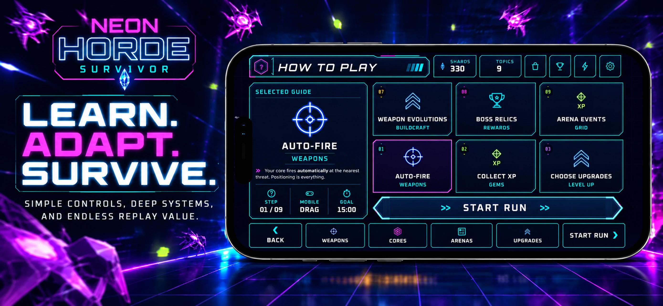 Neon Horde Survivor how-to-play screen