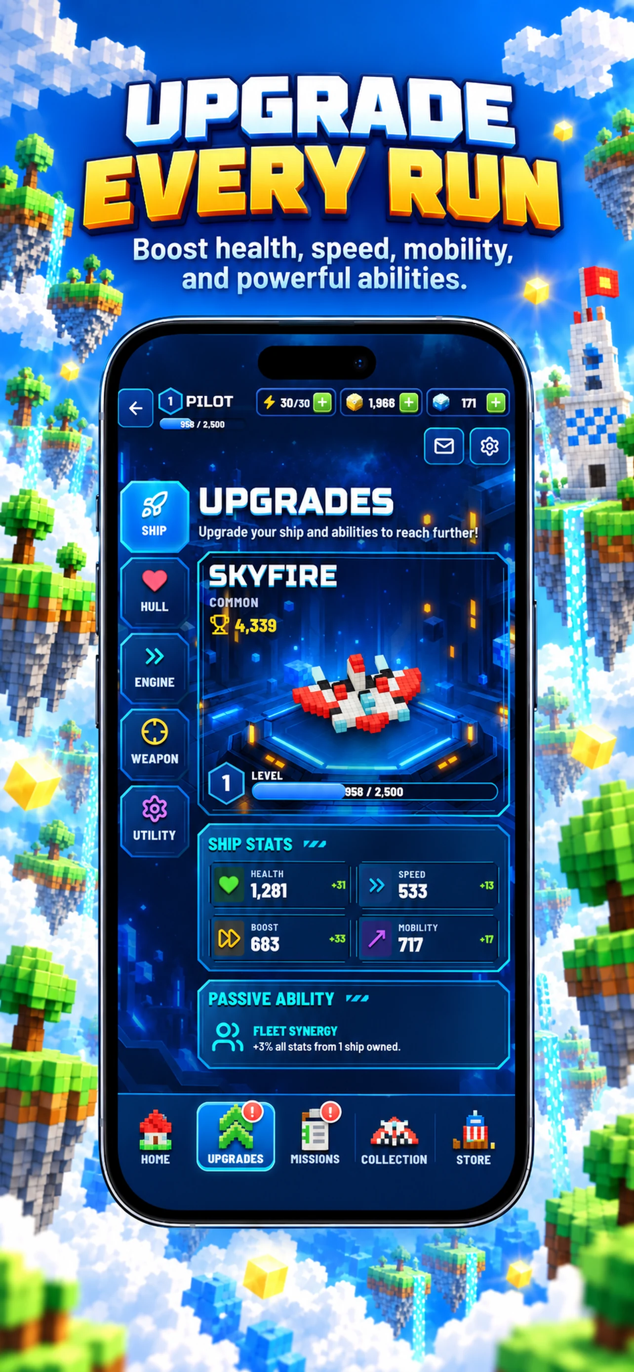 Sky Drifter ship upgrade screen with hull, engine, weapon, and utility stats
