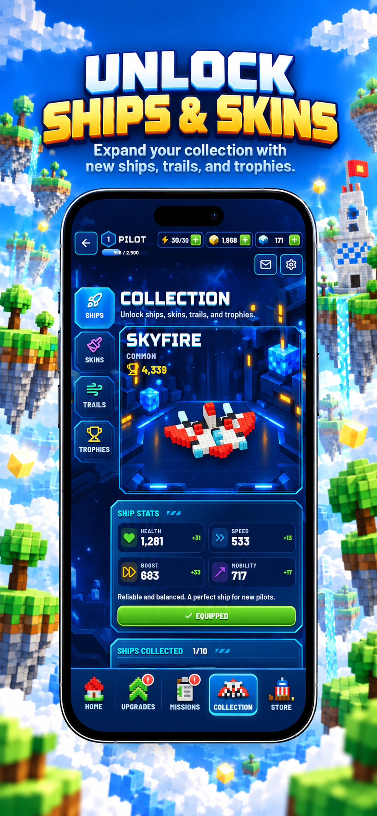 Sky Drifter collection with ships, skins, trails, and trophies