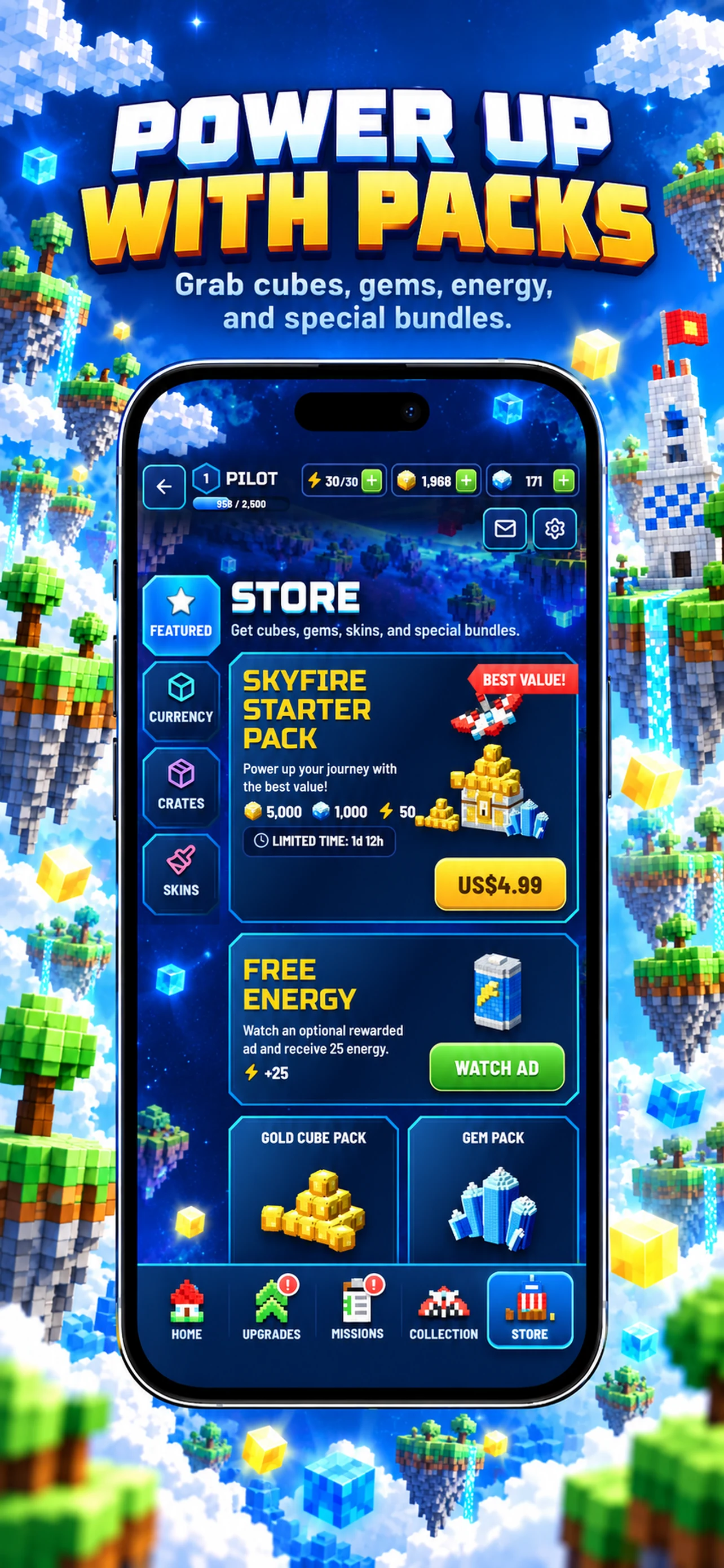 Sky Drifter store with currency, energy, and special bundles