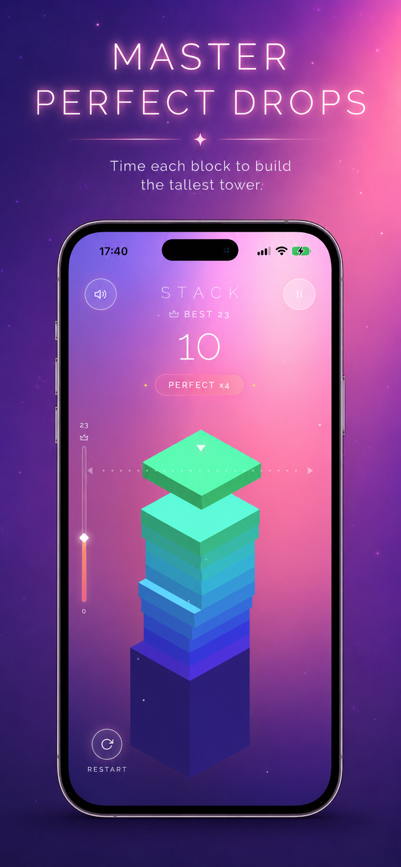 STACK gameplay screen showing a carefully aligned block