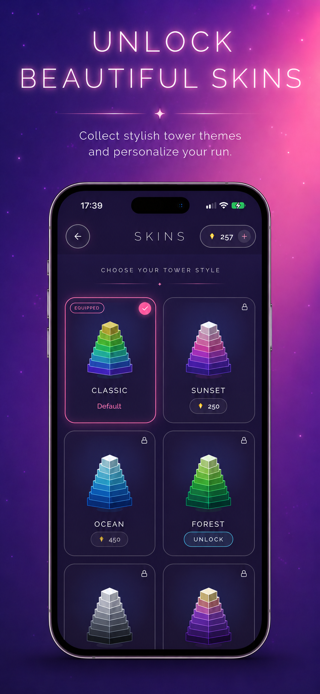 STACK skins screen with colorful tower themes