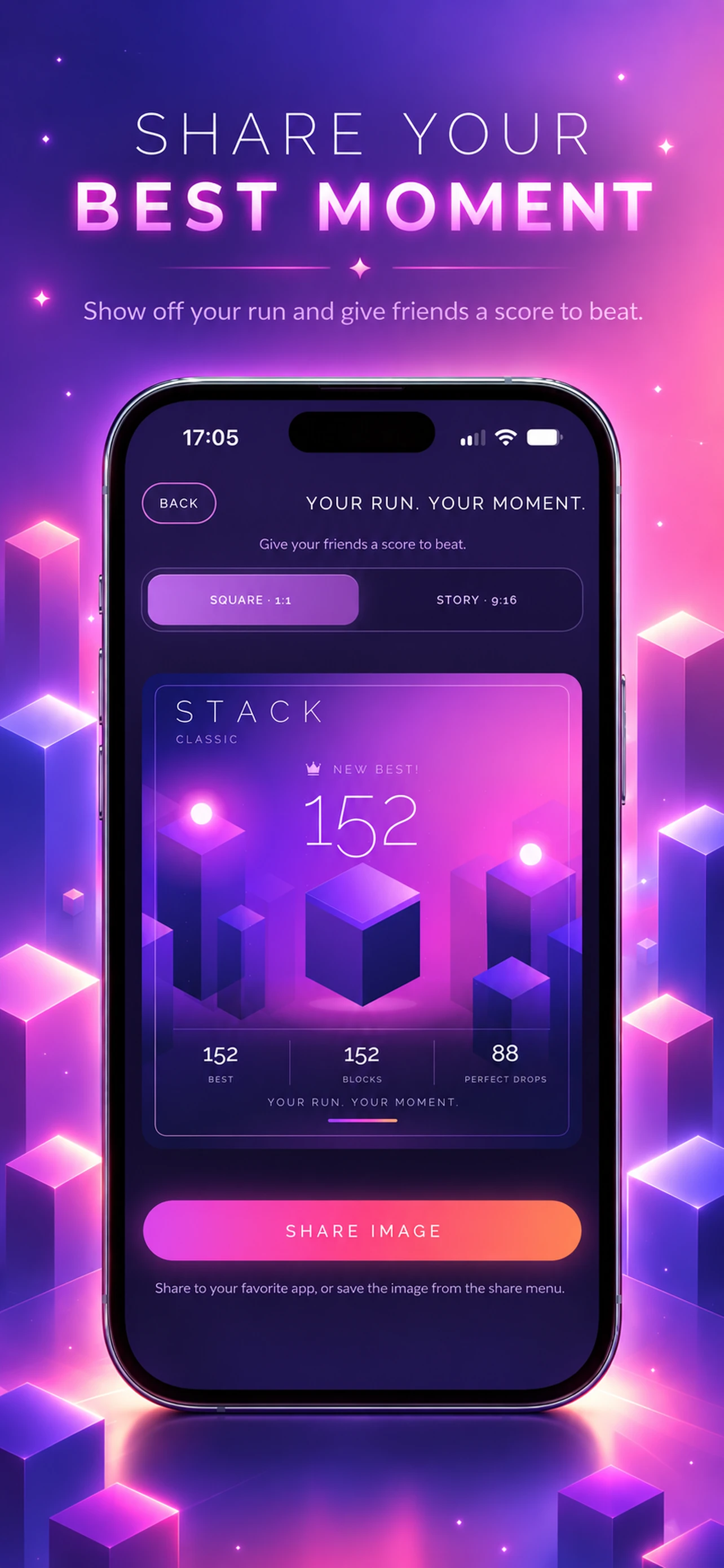STACK screen for sharing a personal best