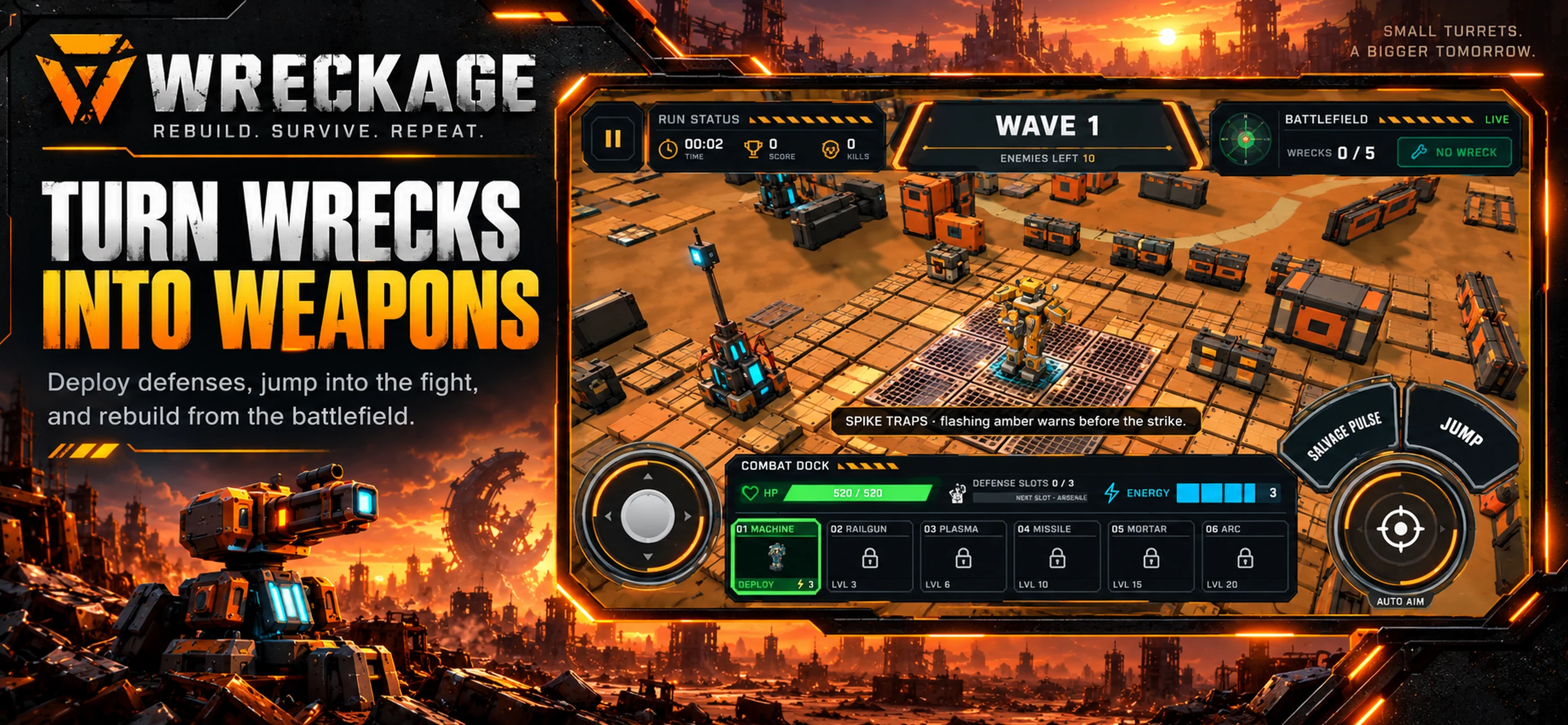 WRECKAGE gameplay battlefield with turrets
