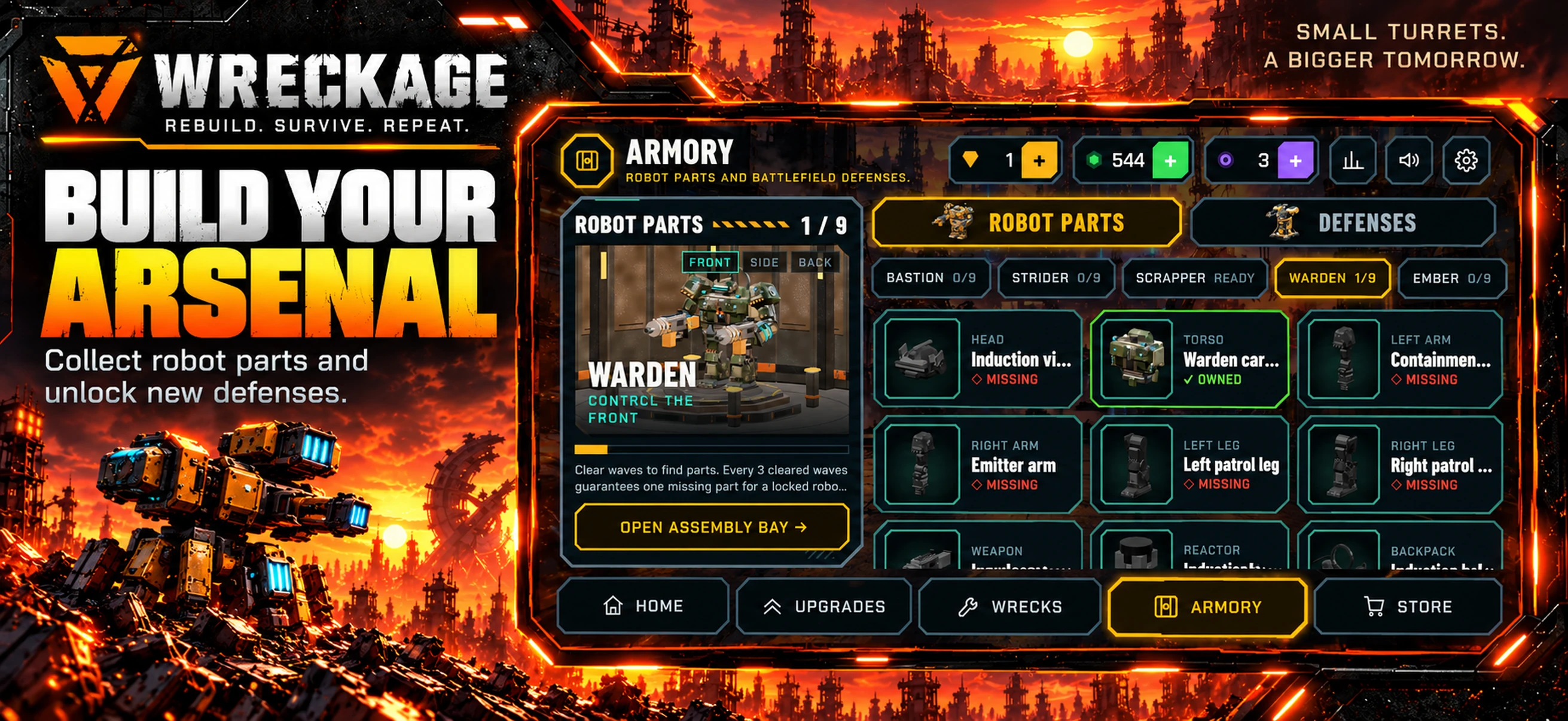 WRECKAGE armory with robot parts, defenses, and a Warden chassis preview