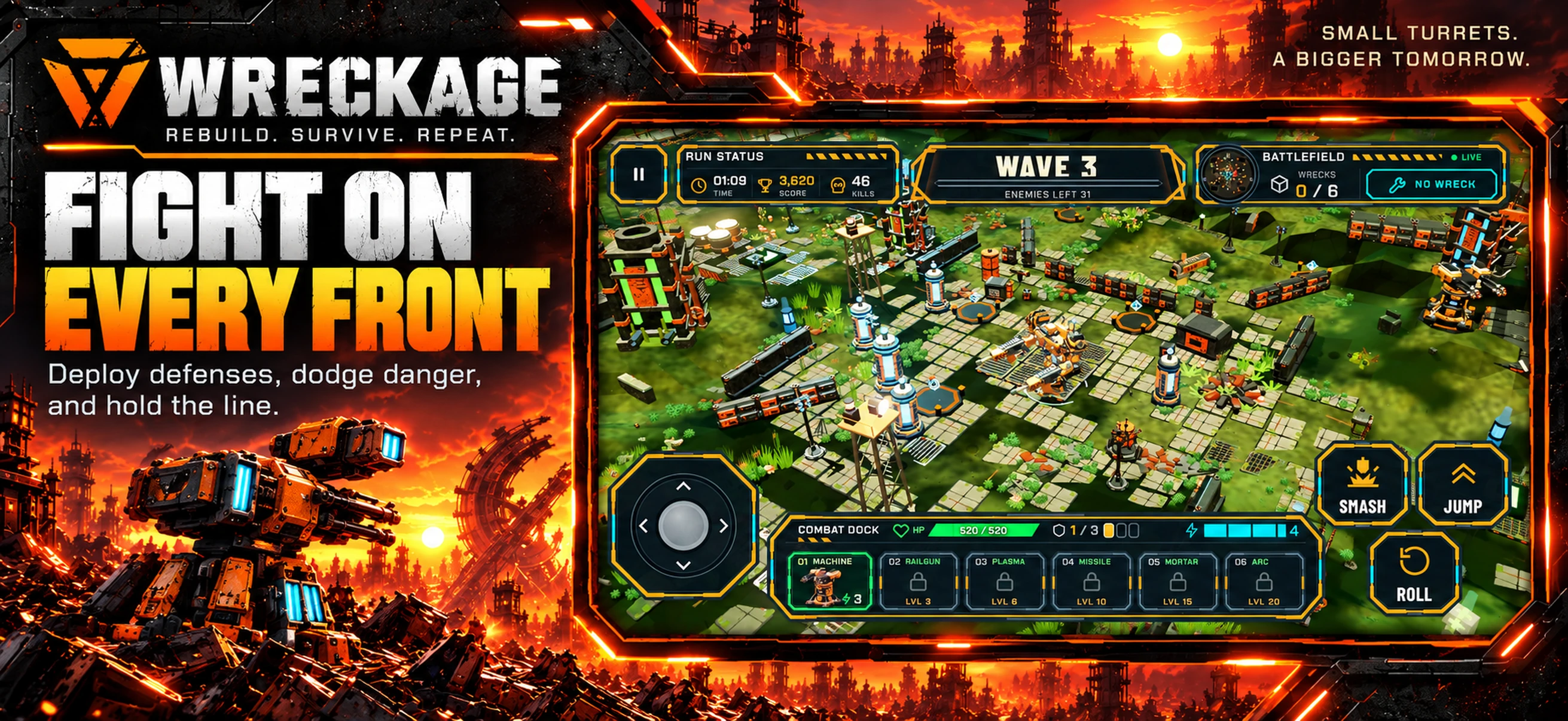 WRECKAGE combat with turrets, enemy waves, and movement controls