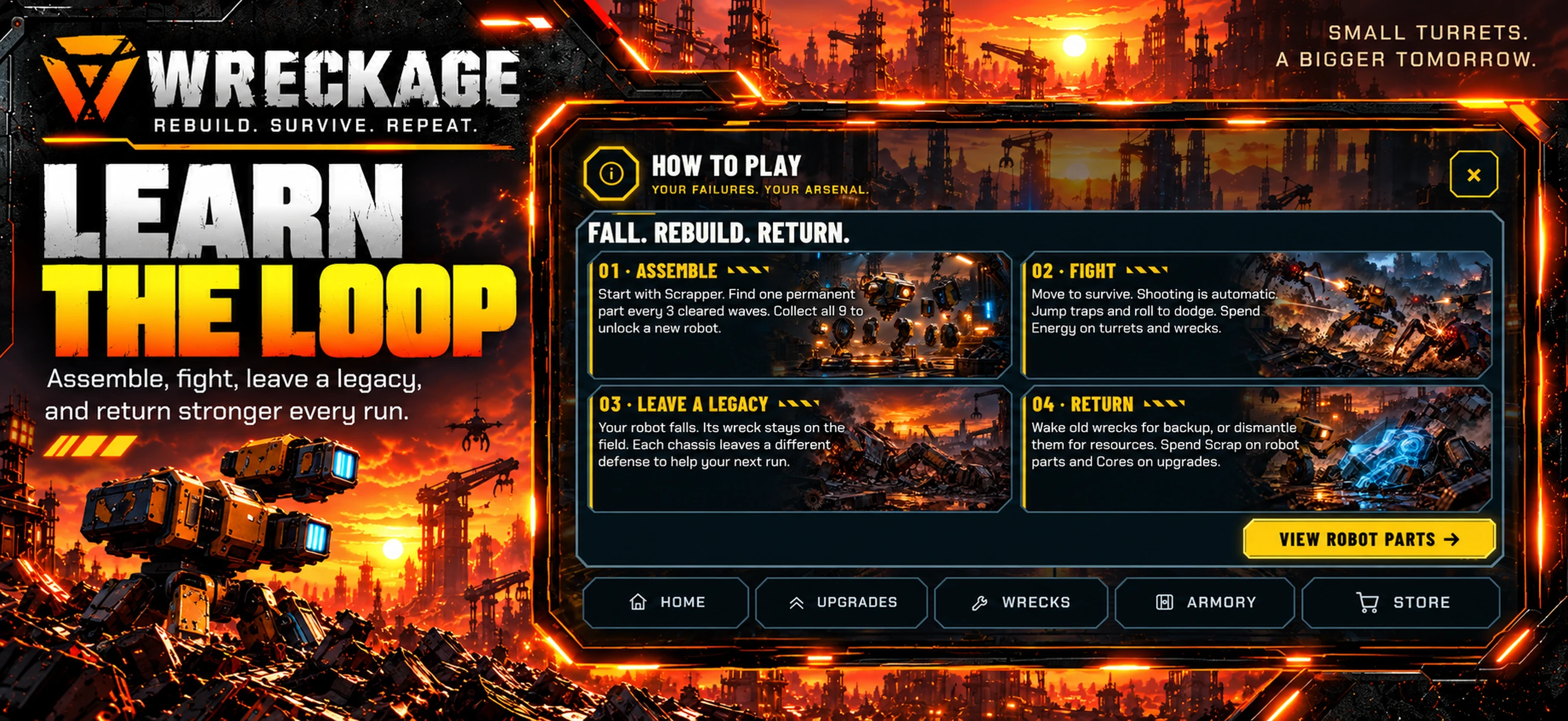 WRECKAGE how-to-play screen explaining assembly, combat, legacy, and return