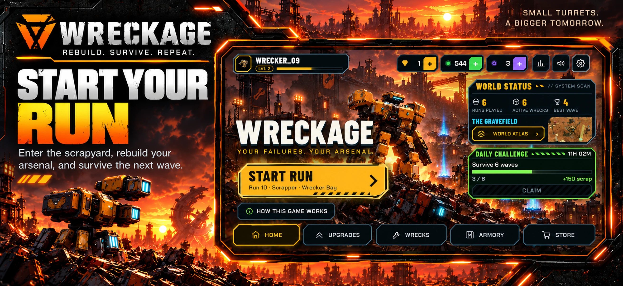 WRECKAGE home screen with start-run controls and world statistics
