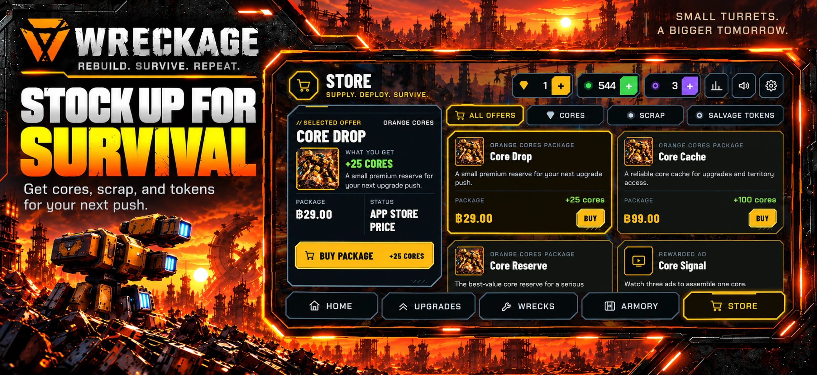 WRECKAGE store with cores, currency packs, and survival supplies