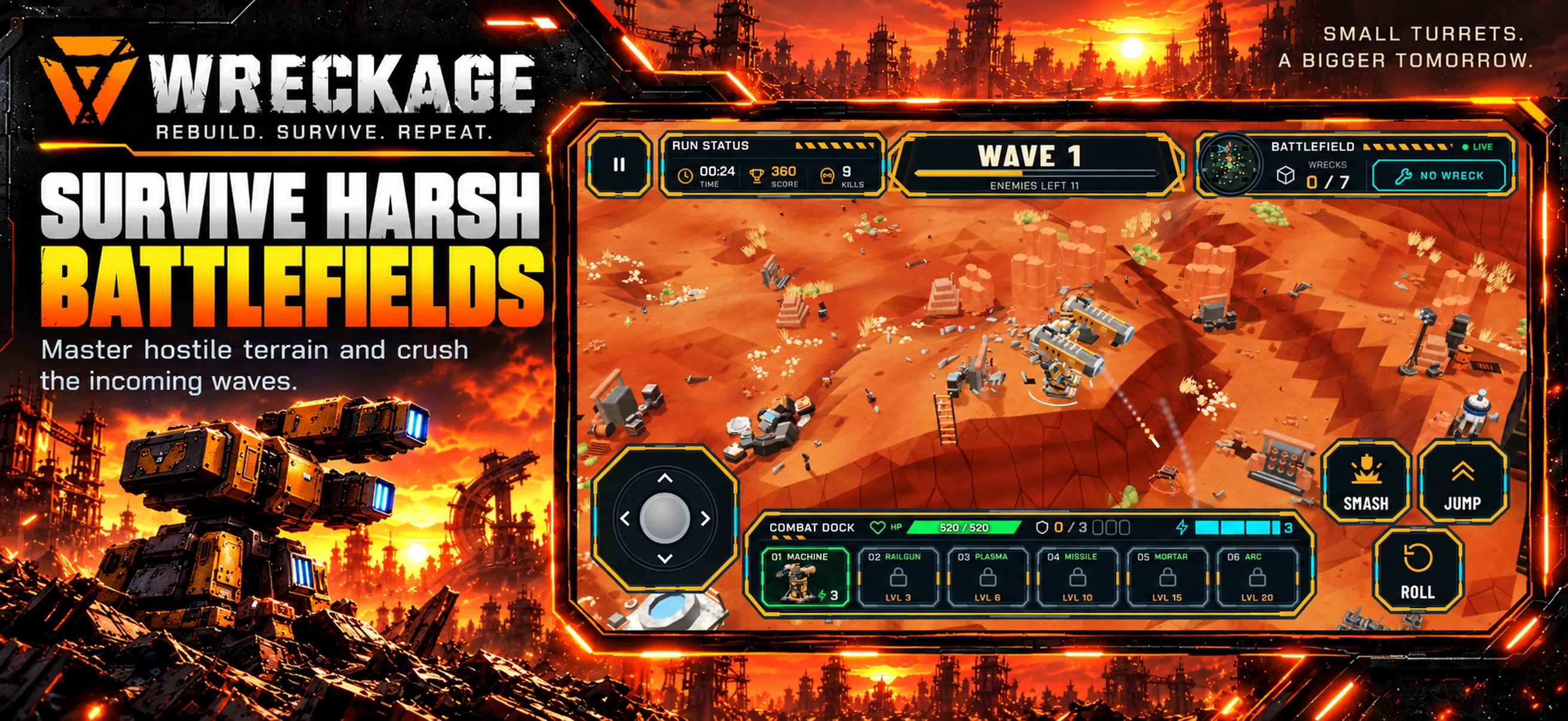 WRECKAGE battle on desert terrain with incoming enemies and deployed defenses