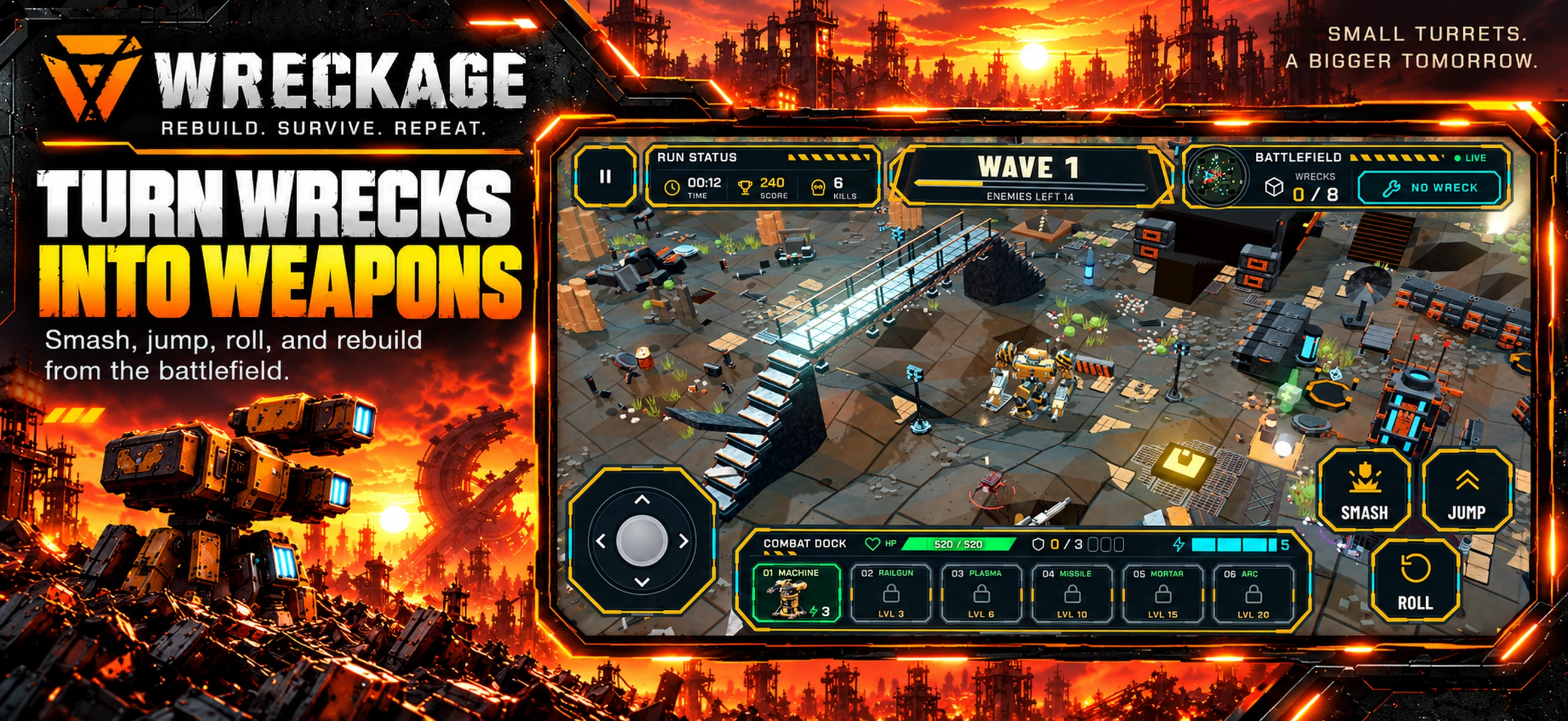 WRECKAGE gameplay with battlefield wrecks, turrets, and action controls