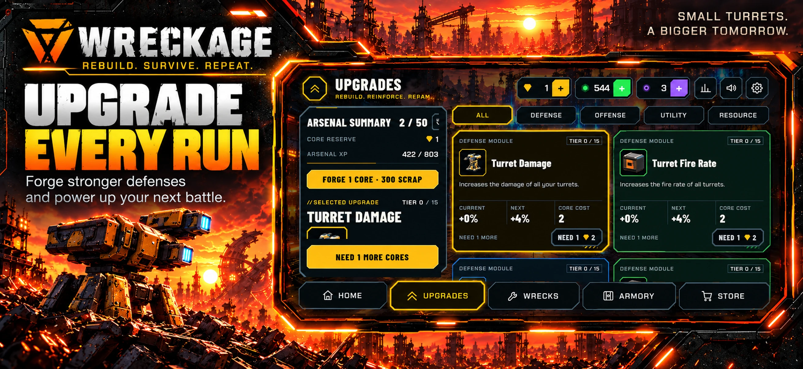 WRECKAGE upgrades screen with arsenal stats and turret upgrade choices